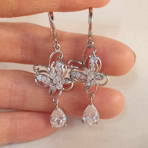 Jewelry - 18K White Gold Filled Luxury Butterfly Diamond Zircon Dangle Earrings 1.25 each